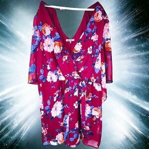 Bailey Blue maroon floral butterfly sleeves shorts romper